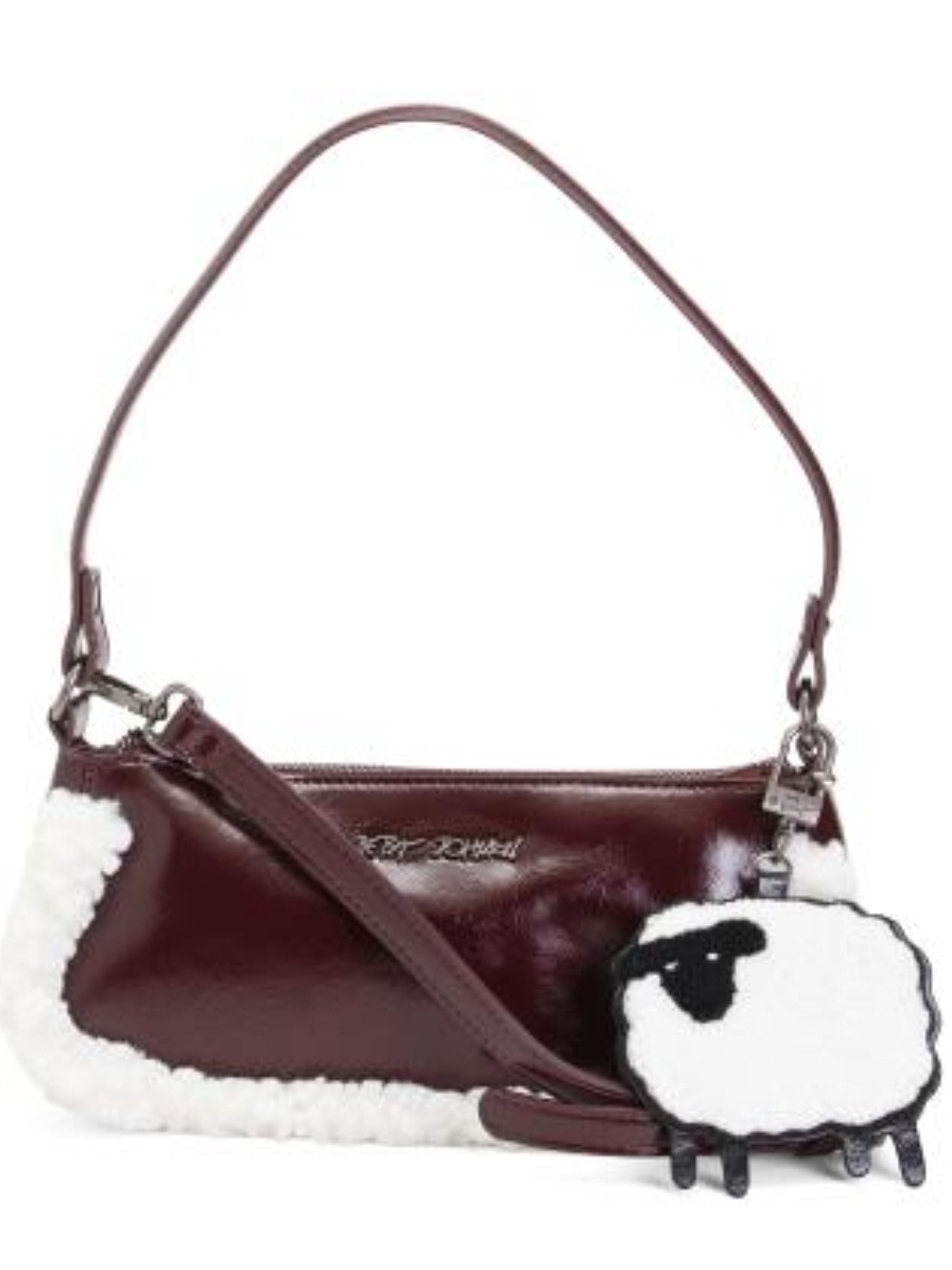 Betsey Johnson Minni Crinkle Shoulder Bag with Sherpa Trim and Sheep Charm NWT